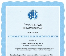 Świadectwo Rekomendacji Stowarzyszenia Elektryków Polskich dla ORW-ELS
